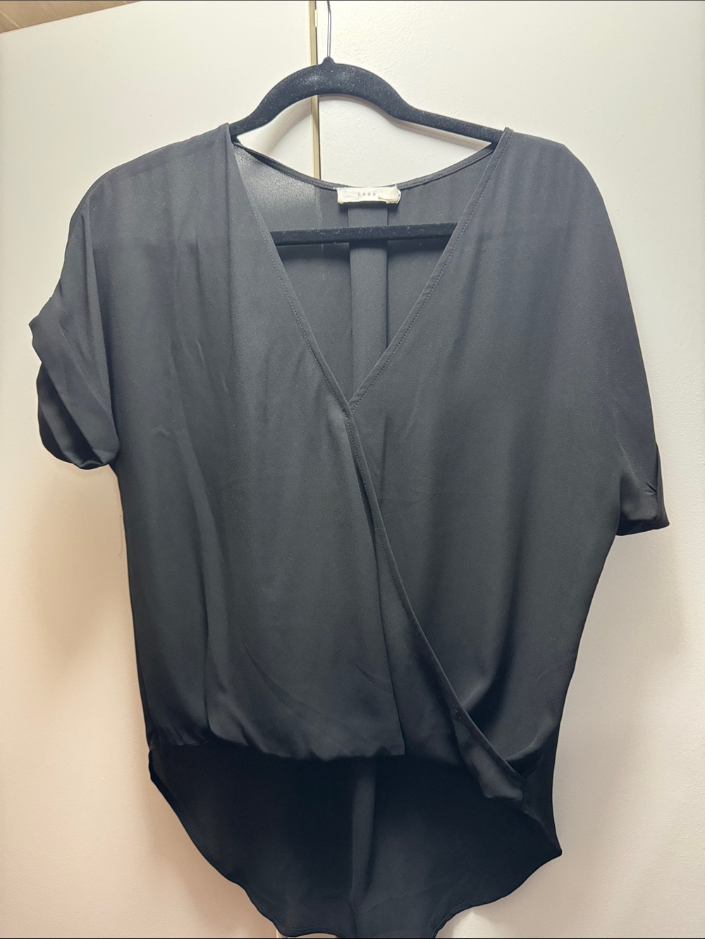 Lush Black Faux-Wrap V-Neck Blouse